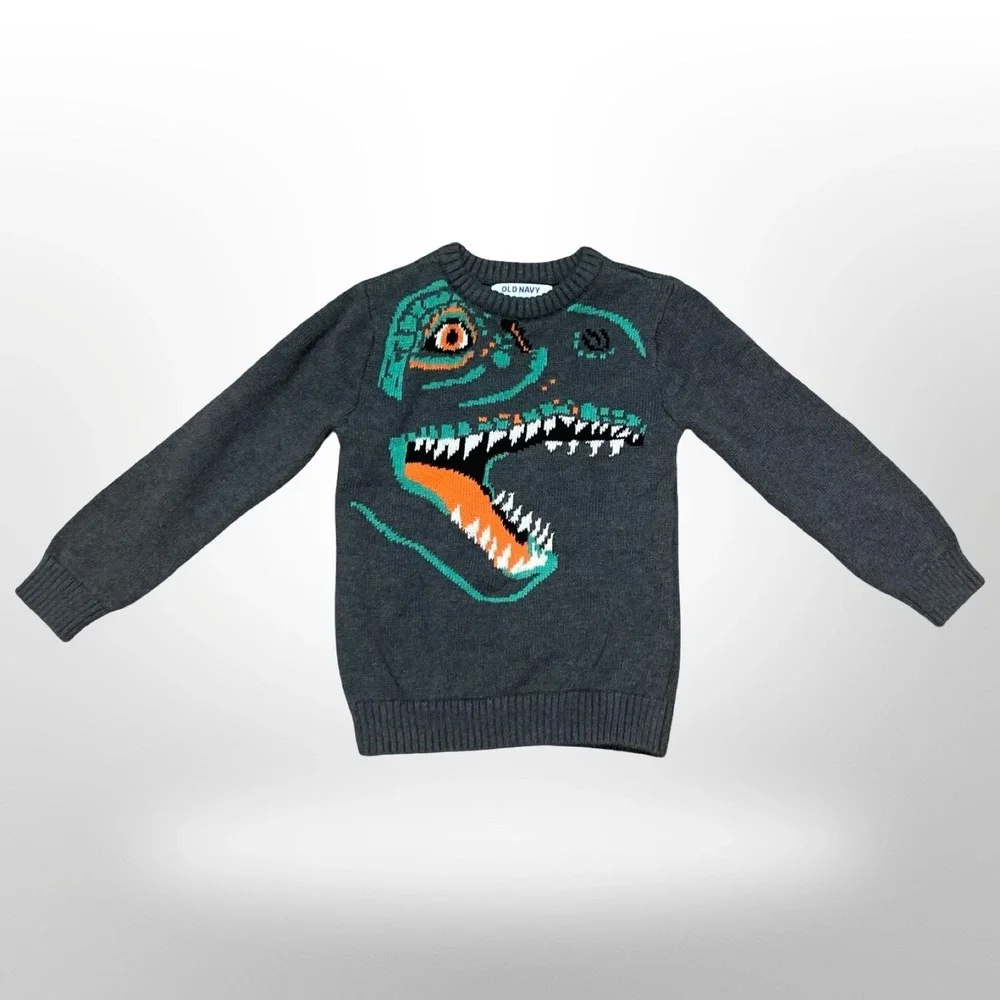 Old Navy Boys Gray Dinosaur T-Rex Knit Sweater Pullover‎ 4T Charcoal Teal Orange